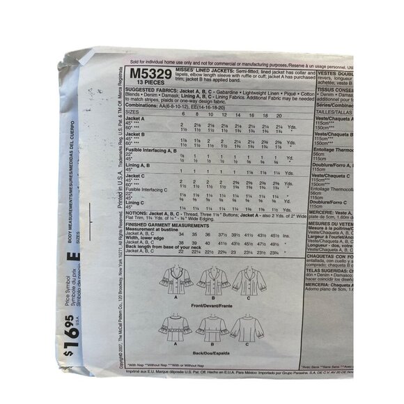 McCalls Sewing Pattern 5329 Lined Jacket Coat Misses Size 14-20 - Picture 3 of 4